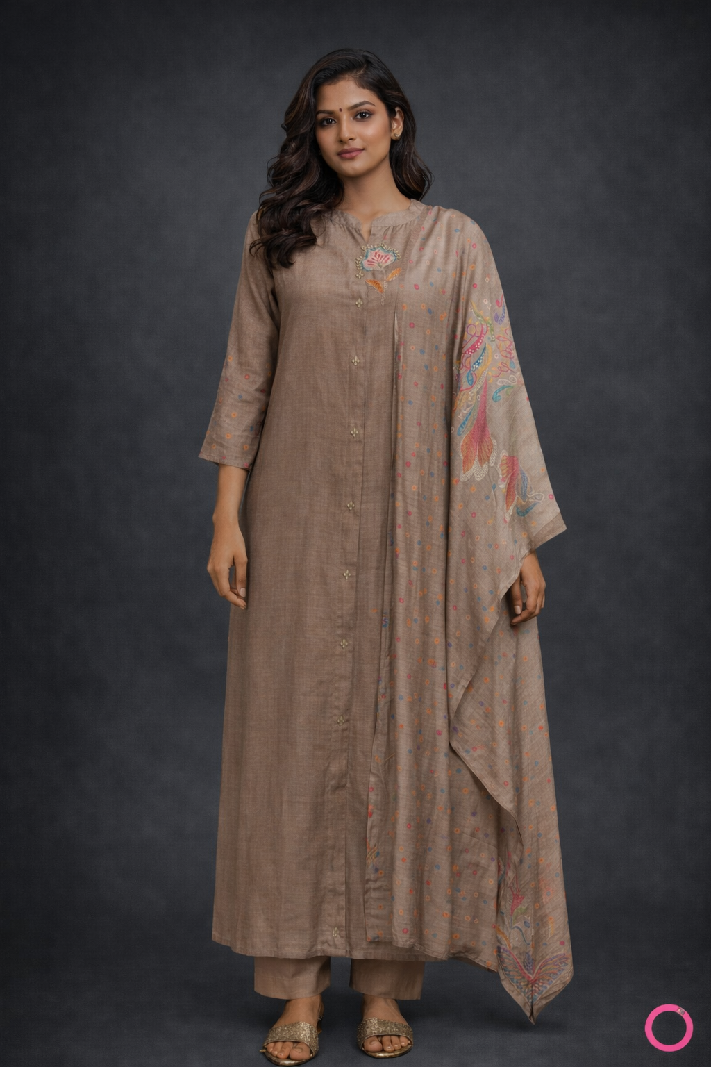 Taupe Brown Embroidered Kurta Set with Printed Dupatta & Pants